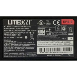 CARGADOR / ADAPTADOR DE FUENTE DE ALIMENTACION LITEON CA/CC / NUMERO DE PARTE 524475-051 / ENTRADA VCA 100-240V~0.9A / 50/60HZ / SALIDA VCD 12V 3A / EPS-3 / MODELO PA-1360-5M01